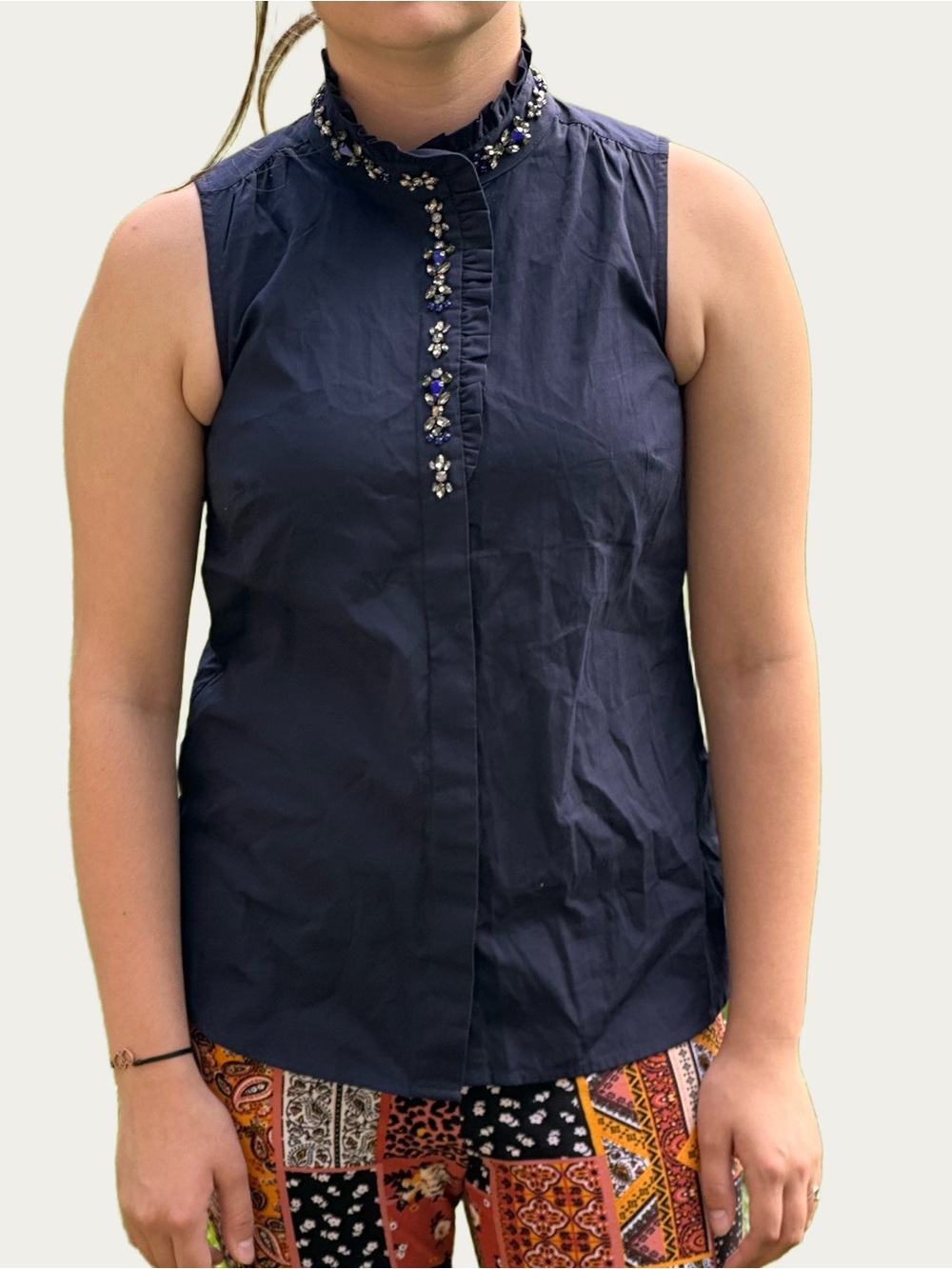 J Crew Rhinestone Ruffled Collar Navy Blue Sleeveless Shirt. XS
